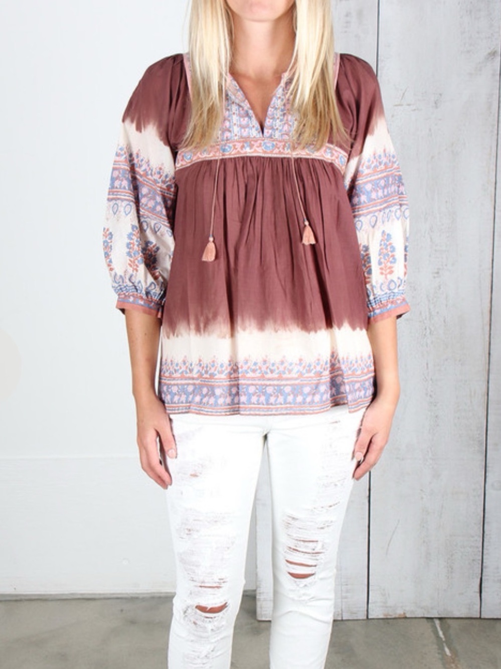 Ulla Johnson Mauve and Cream Tie-Dye Peasant Tunic with Tassels